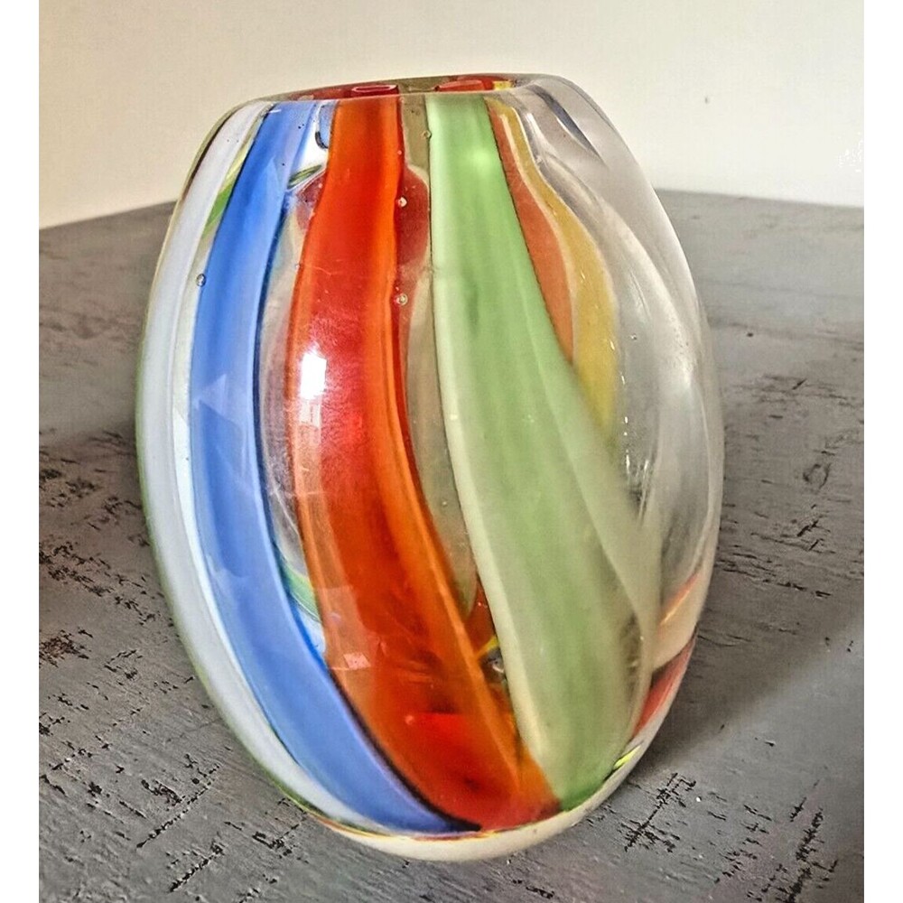 Vintage Hand Blown Art Glass Bud Vase Rainbow Swirl Murano Style Mini 3" Decor